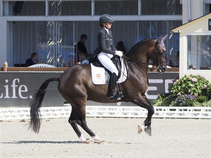 Spanske Beatriz Ferrer-Salat på Elegance var lige netop EM’s nestor. Selv om man ikke taler om en dames alder, så er hun 55 år. Hun har i en menneskealder været Spaniens flagskib i international dressur og har vundet både olympiske, VM- og EM-medaljer. Med velvillige bedømmelser blev det til en 20. plads i Grand Prix Special. Selvom nogle måske mener, at “kom der bud fra nogen” – så skulle hun måske erkende, at alt har sin tid!